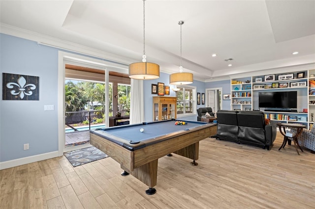 2623 57th St S, Gulfport, FL 33707 - rec room featuring visible vents, baseboards, a raised ceiling, light wood-style flooring, and pool table