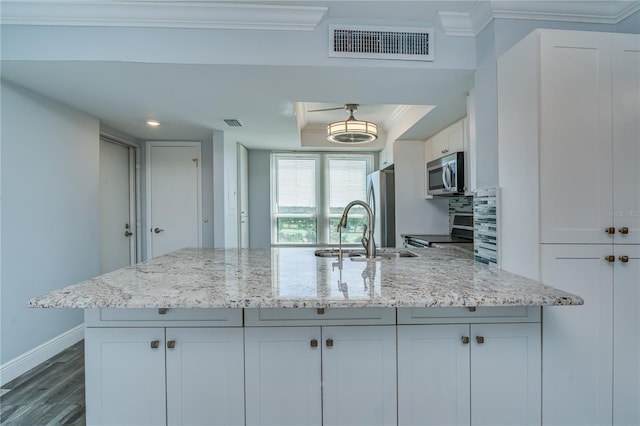 kitchen with dark wood-type flooring, visible vents, a sink, stainless steel appliances, and decorative backsplash