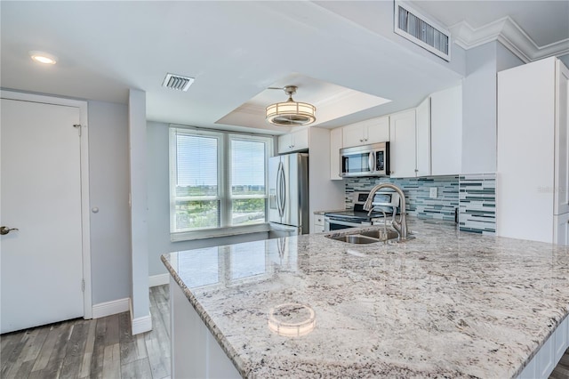 kitchen with a tray ceiling, backsplash, visible vents, and stainless steel appliances