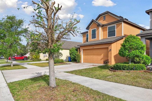 traditional-style house with a front lawn, a shingled roof, a garage, and concrete driveway