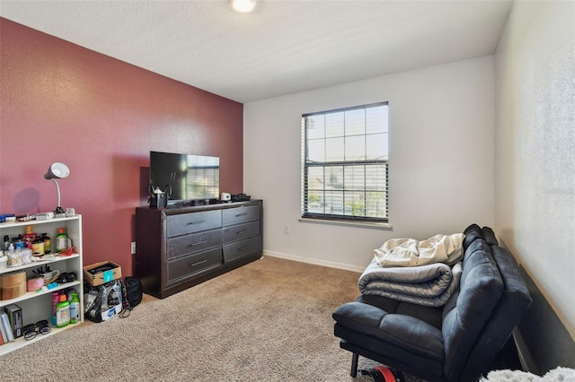 sitting room with a textured wall, baseboards, a textured ceiling, and carpet floors
