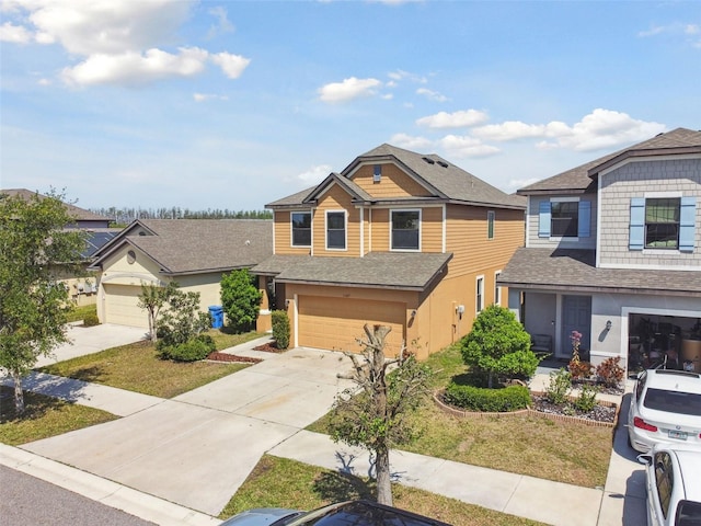 view of front of home featuring a garage, a residential view, roof with shingles, and driveway