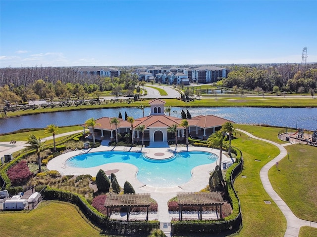 view of pool with a water view