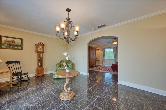6589 Banyan Dr, Indian Lake Estates, FL 33855 - interior space with visible vents, baseboards, arched walkways, ornamental molding, and granite finish floor