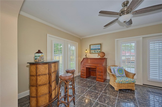 6589 Banyan Dr, Indian Lake Estates, FL 33855 - living area featuring crown molding, baseboards, a ceiling fan, and plenty of natural light