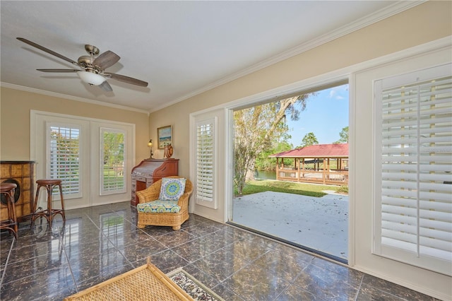 6589 Banyan Dr, Indian Lake Estates, FL 33855 - living area featuring crown molding, french doors, a ceiling fan, and granite finish floor