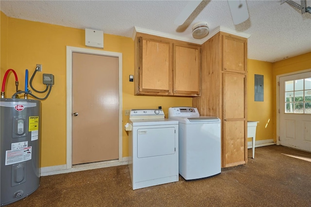 6589 Banyan Dr, Indian Lake Estates, FL 33855 - laundry area with a textured ceiling, water heater, washer and dryer, baseboards, and cabinet space