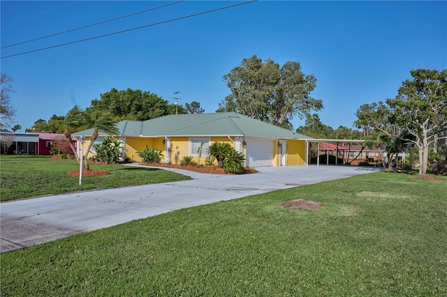 6589 Banyan Dr, Indian Lake Estates, FL 33855 - ranch-style house featuring an attached garage, a carport, and a front lawn
