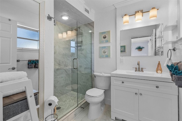5430 Avenida Del Mare, Sarasota, FL 34242 - full bath with marble look tile flooring, crown molding, vanity, and a stall shower