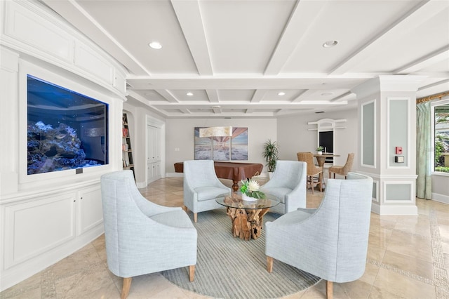 living room with coffered ceiling, recessed lighting, beam ceiling, and baseboards