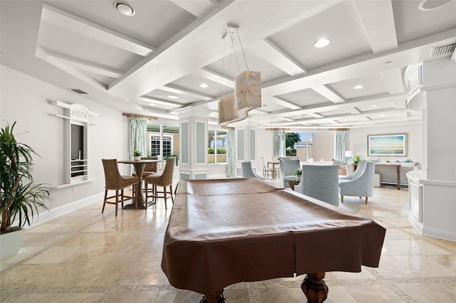 game room with coffered ceiling, baseboards, recessed lighting, billiards table, and beamed ceiling