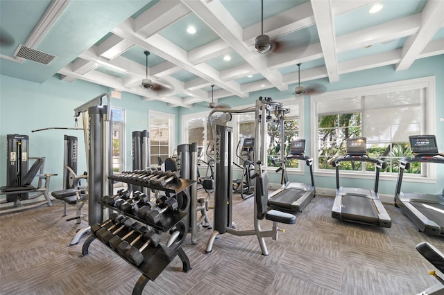 exercise room with beam ceiling, coffered ceiling, carpet flooring, recessed lighting, and baseboards