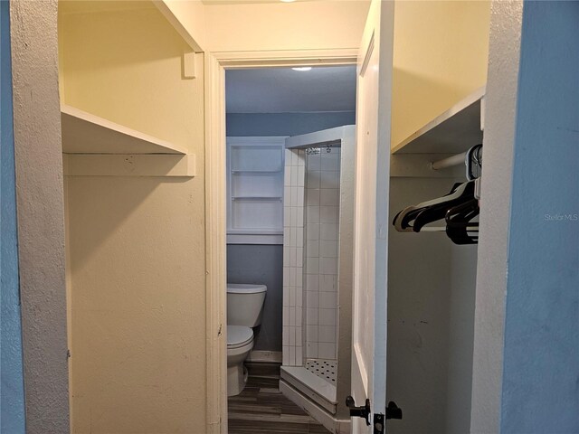 bathroom with a stall shower and toilet