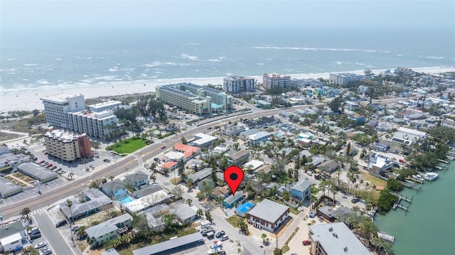 aerial view featuring a water view and a view of city