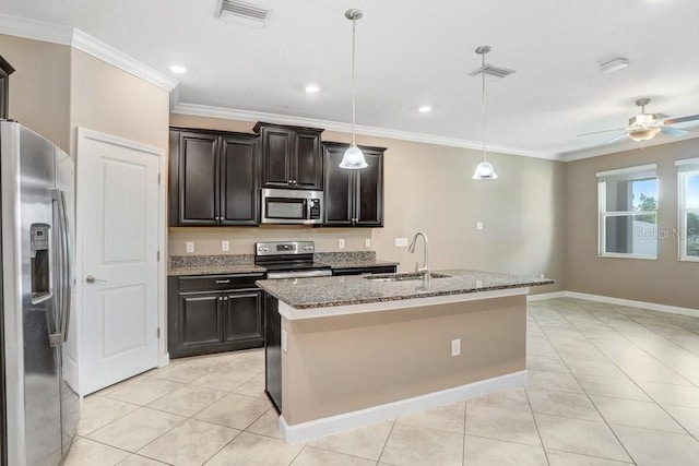 kitchen featuring visible vents, ornamental molding, a sink, and appliances with stainless steel finishes