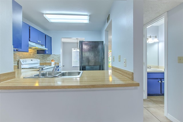 1424 Highland Ridge Cir, Brandon, FL 33510 - kitchen featuring visible vents, under cabinet range hood, blue cabinets, a sink, and electric stove