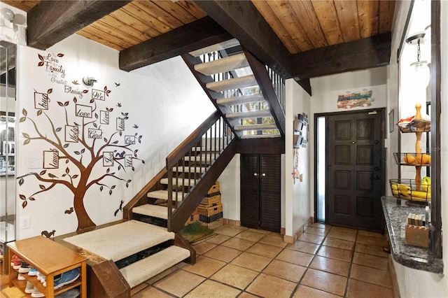 19440 NE 26th Ave Unit 53B, Miami, FL 33180 - entrance foyer featuring wood ceiling, stairway, beamed ceiling, light tile patterned floors, and baseboards