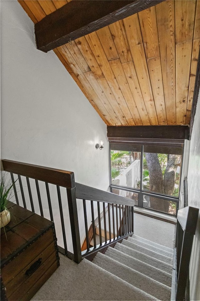 19440 NE 26th Ave Unit 53B, Miami, FL 33180 - stairs featuring carpet floors and wooden ceiling
