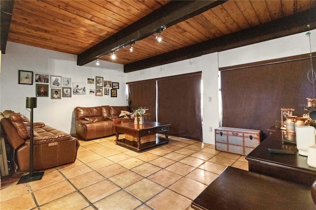 19440 NE 26th Ave Unit 53B, Miami, FL 33180 - living room featuring light tile patterned floors, wooden ceiling, track lighting, and beam ceiling