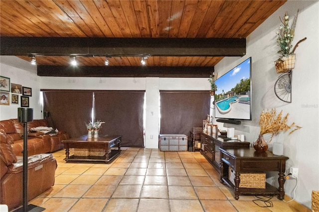 19440 NE 26th Ave Unit 53B, Miami, FL 33180 - living area with wooden ceiling, light tile patterned floors, beam ceiling, and track lighting