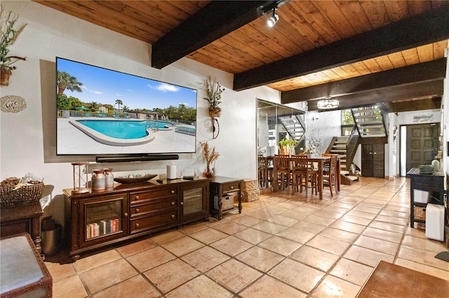 19440 NE 26th Ave Unit 53B, Miami, FL 33180 - living room featuring wood ceiling, stairs, and beamed ceiling