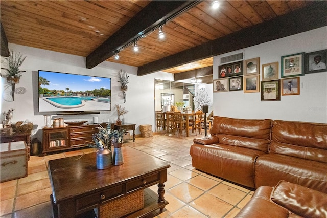19440 NE 26th Ave Unit 53B, Miami, FL 33180 - living area featuring wooden ceiling, beamed ceiling, tile patterned flooring, and track lighting