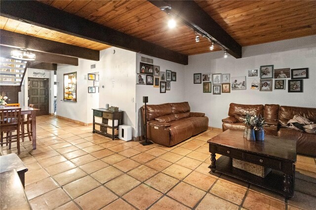 19440 NE 26th Ave Unit 53B, Miami, FL 33180 - living area featuring wooden ceiling, light tile patterned floors, and beam ceiling
