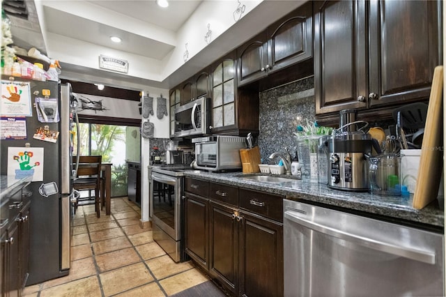 19440 NE 26th Ave Unit 53B, Miami, FL 33180 - kitchen with appliances with stainless steel finishes, a sink, backsplash, dark brown cabinets, and recessed lighting