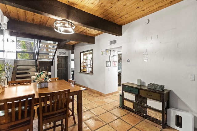 19440 NE 26th Ave Unit 53B, Miami, FL 33180 - dining area featuring stairway, wood ceiling, beam ceiling, and baseboards
