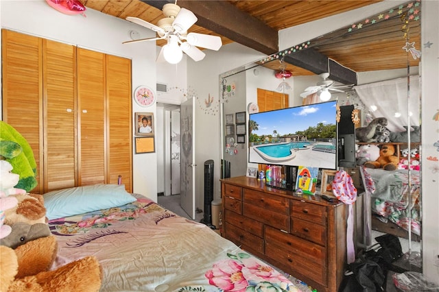 19440 NE 26th Ave Unit 53B, Miami, FL 33180 - bedroom featuring beam ceiling, wood ceiling, a closet, and a ceiling fan