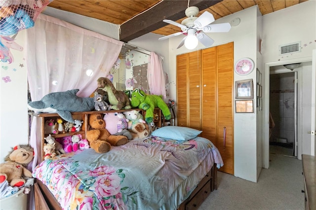 19440 NE 26th Ave Unit 53B, Miami, FL 33180 - carpeted bedroom with a closet, wooden ceiling, and a ceiling fan