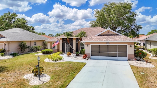 ranch-style home featuring a garage, stucco siding, a front lawn, roof with shingles, and driveway