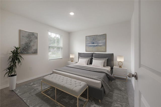 bedroom with baseboards, recessed lighting, and carpet flooring