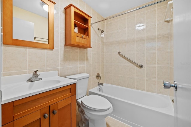 2366 Shelley St Unit 7, Clearwater, FL 33765 - bathroom featuring shower / tub combination, vanity, toilet, tile walls, and tasteful backsplash