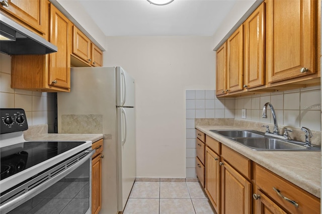 2366 Shelley St Unit 7, Clearwater, FL 33765 - kitchen featuring decorative backsplash, range with electric cooktop, a sink, light tile patterned floors, and exhaust hood