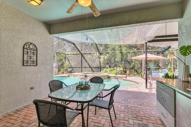 8202 Pinewood Run Ct, Tampa, FL 33647 - view of patio / terrace with ceiling fan, glass enclosure, and a pool with connected hot tub