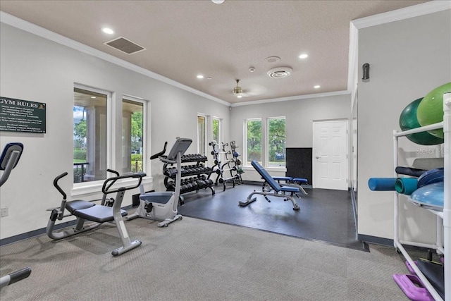 8202 Pinewood Run Ct, Tampa, FL 33647 - workout area with recessed lighting, ornamental molding, baseboards, and a textured ceiling
