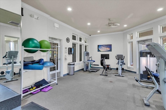 8202 Pinewood Run Ct, Tampa, FL 33647 - exercise room featuring crown molding, french doors, recessed lighting, baseboards, and carpet floors