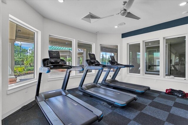8202 Pinewood Run Ct, Tampa, FL 33647 - exercise room featuring ceiling fan, recessed lighting, carpet, and baseboards