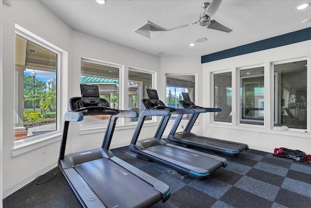 8202 Pinewood Run Ct, Tampa, FL 33647 - exercise room featuring ceiling fan, recessed lighting, and carpet