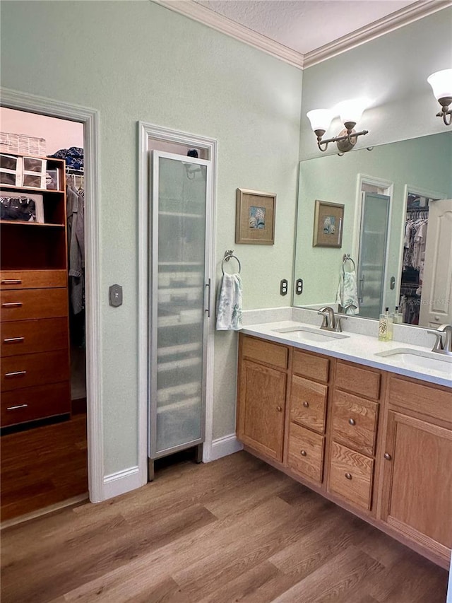 8202 Pinewood Run Ct, Tampa, FL 33647 - bathroom with wood finished floors, a walk in closet, double vanity, ornamental molding, and a chandelier
