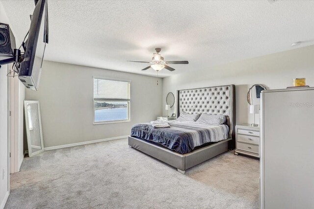 11476 Sage Canyon Dr, Riverview, FL 33578 - carpeted bedroom with a textured ceiling, baseboards, and ceiling fan