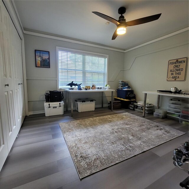 213 Sheffield Cir E, Palm Harbor, FL 34683 - office area featuring ornamental molding, ceiling fan, and wood finished floors