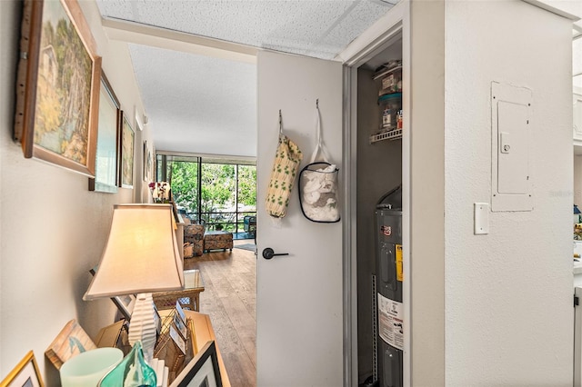 hallway with water heater, light wood-type flooring, and electric panel