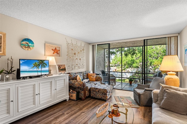 living room featuring a wall of windows, wood finished floors, and a textured ceiling