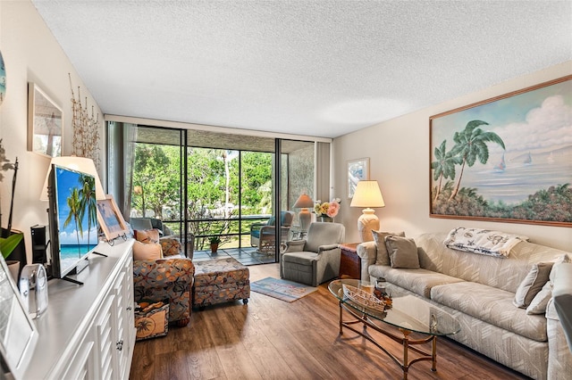living area with expansive windows, wood finished floors, and a textured ceiling