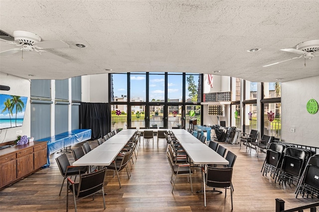 dining room featuring wood finished floors, a textured ceiling, and a ceiling fan