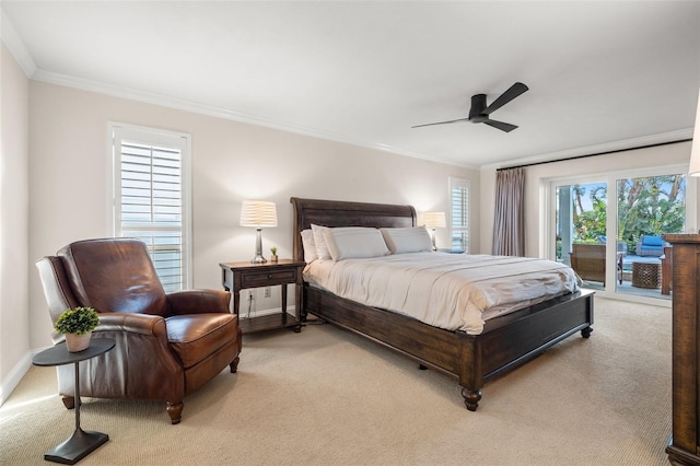 bedroom with access to outside, light colored carpet, crown molding, and ceiling fan