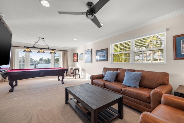 recreation room featuring pool table, ceiling fan, crown molding, and carpet floors