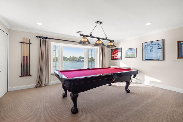 playroom featuring crown molding, light colored carpet, a water view, baseboards, and billiards